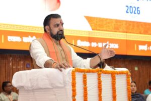 Bihar Chief Minister Samrat Choudhary addressing the closing function of the Bharatiya Janata Party’s Pandit Deendayal Upadhyay Training Maha Abhiyan 2026.