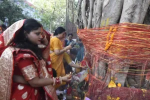 Married women performing Vat Savitri Puja in Patna on May 16, 2026.