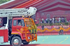 Bihar Chief Minister Samrat Choudhary flagging off 80 fire engines from Patna on May 18, 2026.