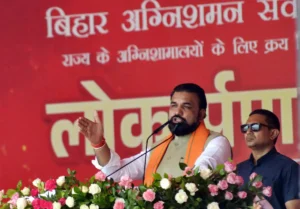 Bihar Chief Minister Samrat Choudhary addressing the gathering at fire engines launching function in Patna.