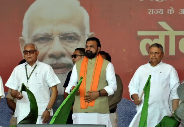 Bihar Chief Minister Samrat Choudhary flagging off 80 fire engines from Patna on May 18, 2026.