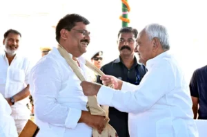 JD(U) national president Nitish Kumar with his party state president Umesh Singh Kushwaha. 