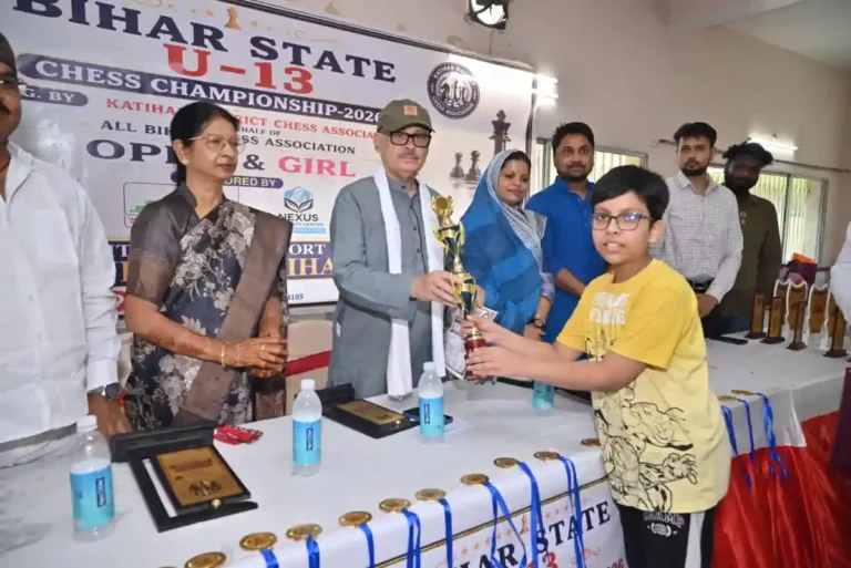 Devansh Keshri receiving trophy from the chief guest in Katihar on May 31, 2026.