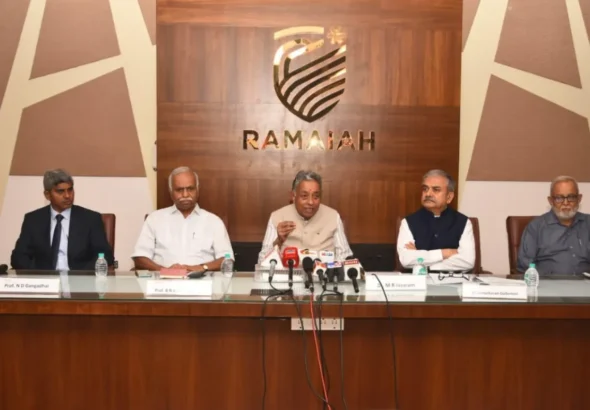 Dr. M. R. Jayaram, Chancellor, RISM, and other RISM members addressed a press meet organized on Monday, 1st June 2026 at the Ramaiah Institute of Science and Management, Bengaluru