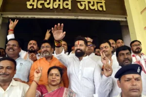LJP (R) leader and Union Minister Chirag Paswan waves to the crowd after his party candidate Ashraf Ansari filed nominations for Bihar Legislative Council elctions in Patna on June 8, 2026. 