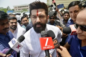 Union Minister Chirag Paswan talks to media persons in Patna on June 8, 2026.