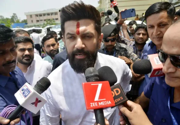 Union Minister Chirag Paswan talks to media persons in Patna on June 8, 2026.