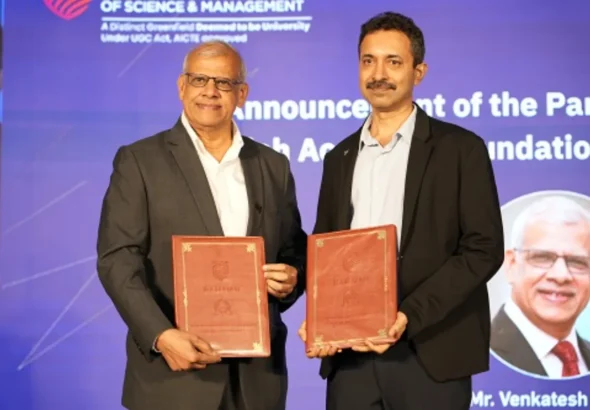 MoU exchange between Venkatesh Valluri, Vice Chairman, Ramaiah Academy Foundation, and Deepak N.G., Managing Director–India, Dassault Systemes