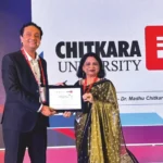Vaibhav Srivastava, India Head–EdTechs & Education, Google Cloud, presents a plaque to Dr. Madhu Chitkara at the launch of Digital Campus on Google Cloud 4.0