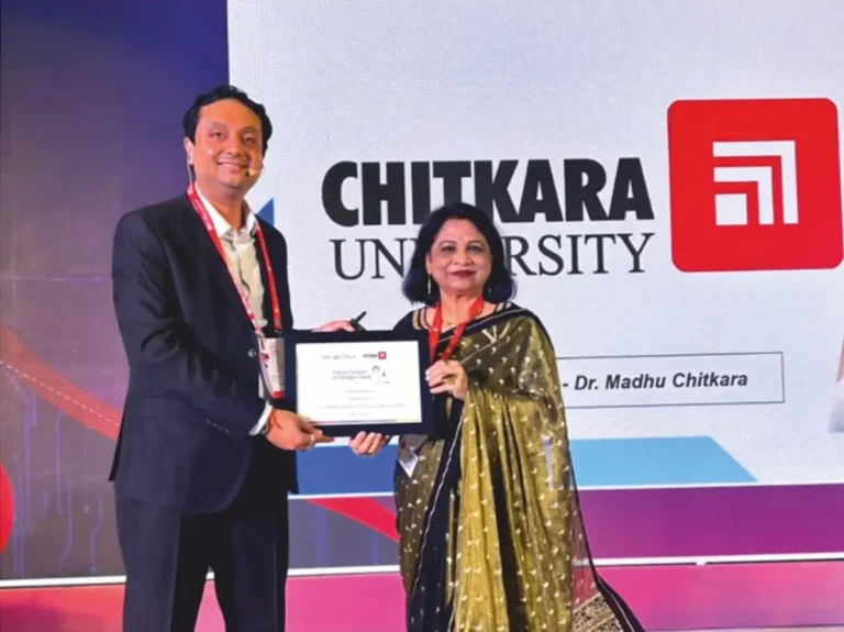 Vaibhav Srivastava, India Head–EdTechs & Education, Google Cloud, presents a plaque to Dr. Madhu Chitkara at the launch of Digital Campus on Google Cloud 4.0