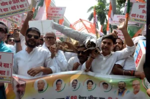 Bihar Congress leaders and workers staged protest over the NEET paper leak in Patna on June 13, 2026.