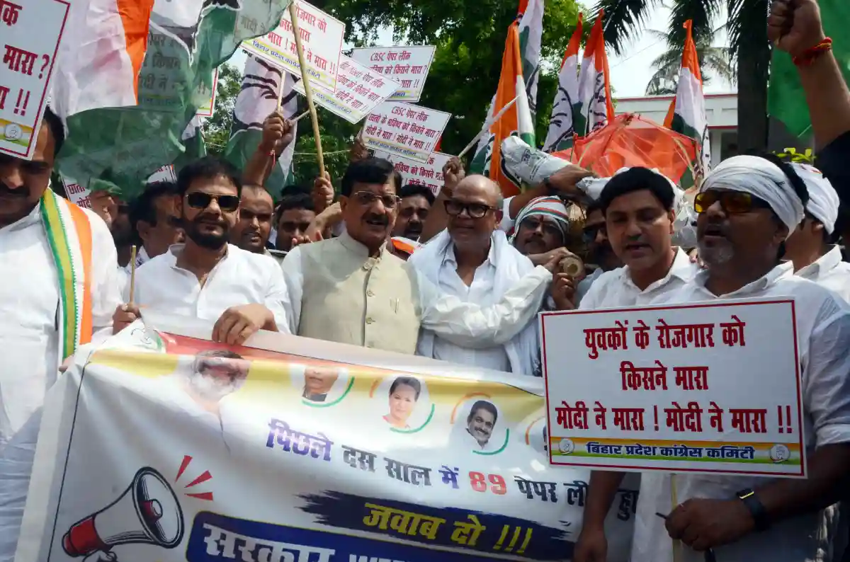 Bihar Congress leaders and workers staged protest over the NEET paper leak in Patna on June 13, 2026.