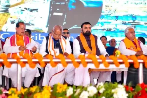 Bihar Chief Minister Samrat Choudhary, Union Minister Jitan Ram Manjhi, Bihar Assembly Speaker Prem Kumar and Bihar Agriculture Minister Vijay Kumar Sinha in a function at Gayaji on June 15, 2026. Photo: Aftab Alam Siddiqui
