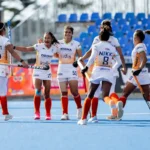 Indian women's hockey team members celebrate their victory over USA in Women’s Nations Cup in Auckland on June 15, 2026.