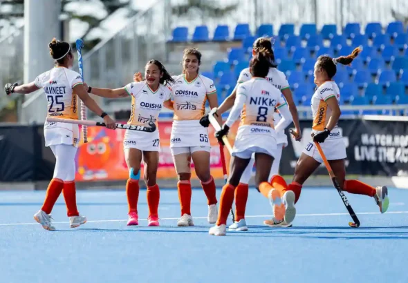 Indian women's hockey team members celebrate their victory over USA in Women’s Nations Cup in Auckland on June 15, 2026.