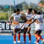 Indian team celebrates after scoring a goal against Japan.