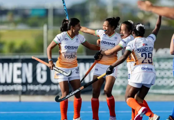 Indian team celebrates after scoring a goal against Japan.