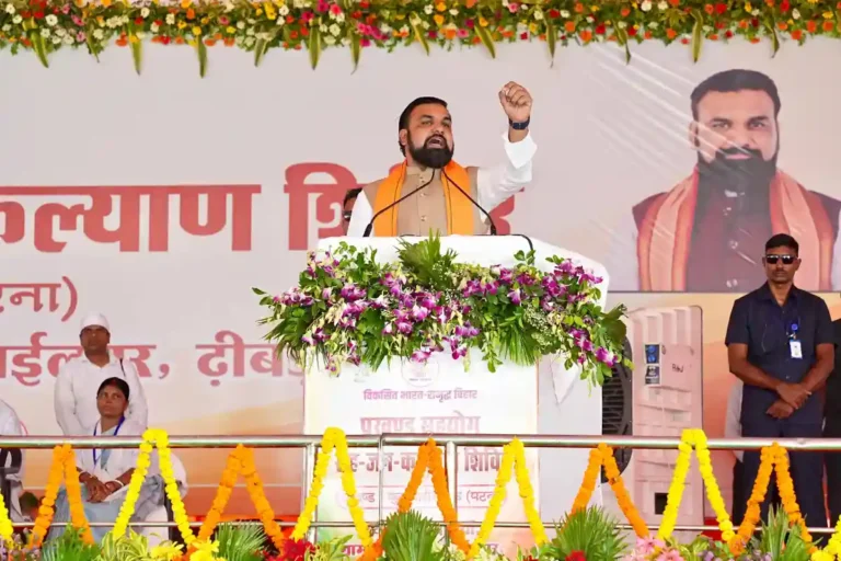 Bihar Chief Minister Samrat Choudhary addressing Block Cooperation and Public Welfare Camps in Patna on June 17, 2026.
