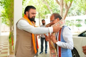 Bihar Chief Minister Samrat Choudhary greets Union Agriculture Minister Shivraj Singh Chouhan in Patna on June 17, 2026.