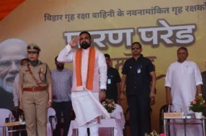 Bihar Chief Minister Samrat Choudhary taking salute in the passing out parade of the newly recruited home guards in Patna on June 18, 2026.
