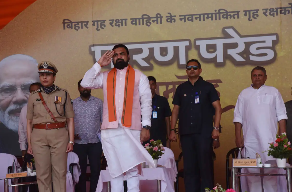 Bihar Chief Minister Samrat Choudhary taking salute in the passing out parade of the newly recruited home guards in Patna on June 18, 2026.