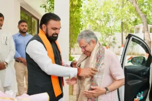 Bihar Chief Minister Samrat Choudhary greets Union Minister Ashwini Vaishnaw in Patna on June 19, 2026.