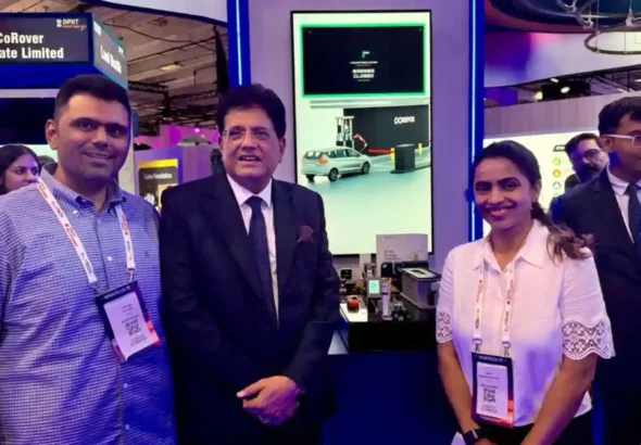 (L-R) Chetan Walunj, Founder, Repos Energy; Piyush Goyal, Union Minister of Commerce and Industry; and Aditi Bhosale Walunj, Founder, Repos Energy, at VivaTech 2026, Paris