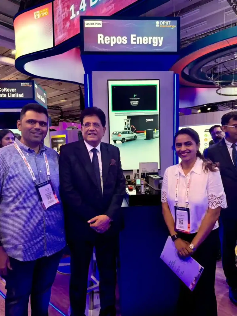 (L-R) Chetan Walunj, Founder, Repos Energy; Piyush Goyal, Union Minister of Commerce and Industry; and Aditi Bhosale Walunj, Founder, Repos Energy, at VivaTech 2026, Paris