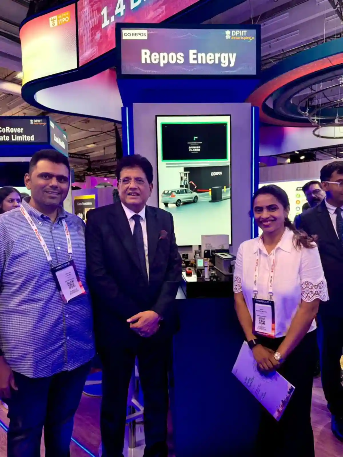 (L-R) Chetan Walunj, Founder, Repos Energy; Piyush Goyal, Union Minister of Commerce and Industry; and Aditi Bhosale Walunj, Founder, Repos Energy, at VivaTech 2026, Paris