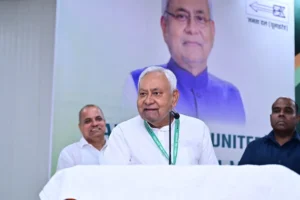 Nitish Kumar addressing JD(U) national council meeting in Patna on June 21, 2026.