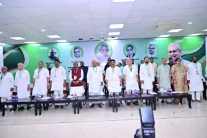 J(U) leaders during the party's national council meeting in Patna on June 21, 2026. 
