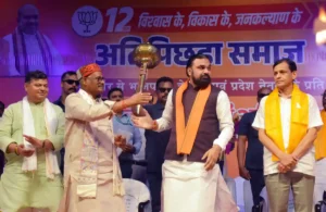 Bihar Chief Minister Samrat Choudhary was presented a mace in  Ati Pichhda Varg Abhinandan-cum-Thanksgiving Ceremony in Patna on June 22, 2026.