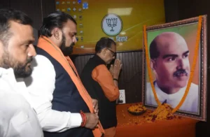 Bihar Chief Minister Samrat Choudhary pays tribute to Dr Shyama Prasad Mukherjee on the latter's death anniversary in Patna on June 23, 2026.
