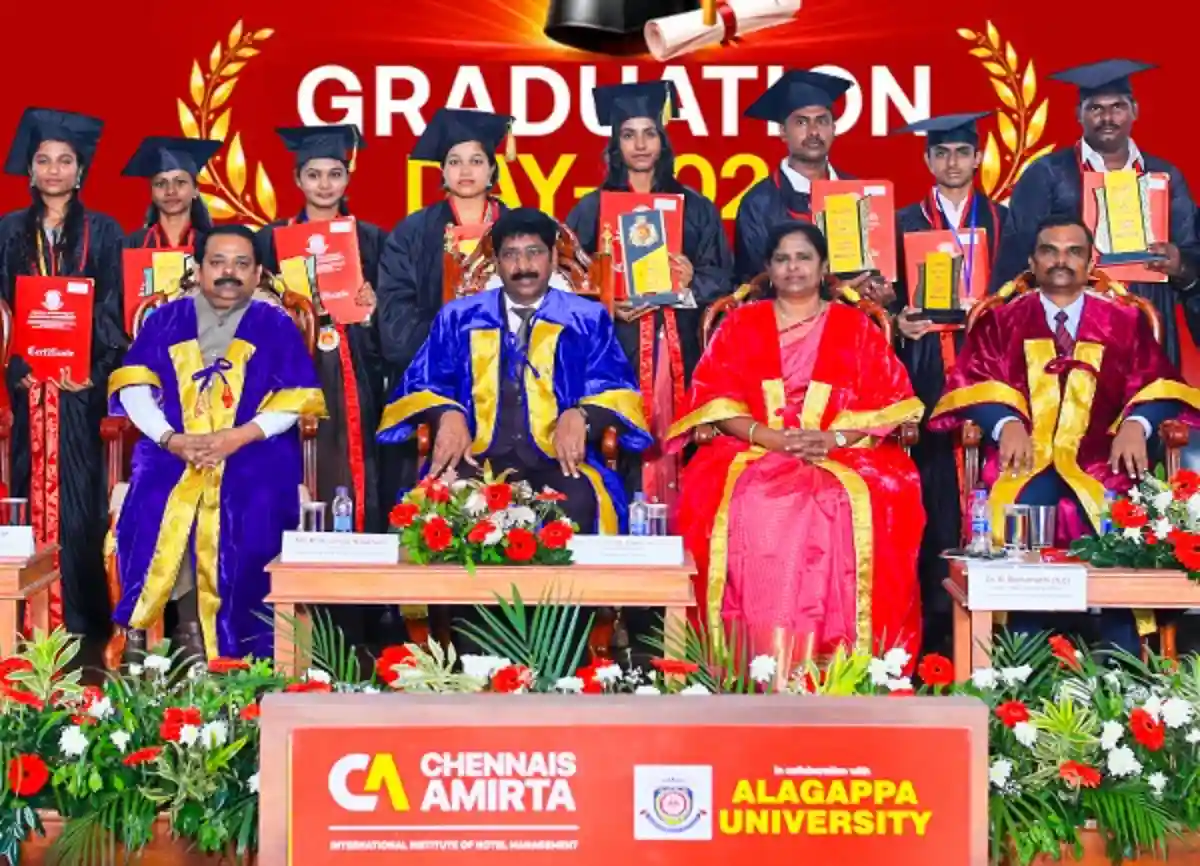 Prof. G. Ravi confers degrees at Chennais Amrita International Institute of Hotel Management graduation ceremony with Chairman R. Boomee Naathan, COO Bhanumathi and Dean Suren