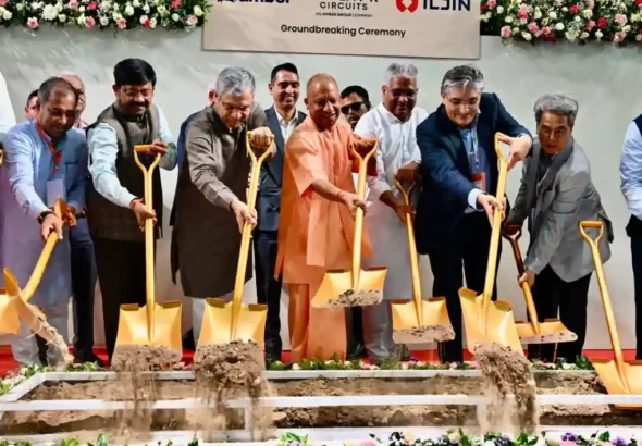 UP Chief Minister Yogi Adityanath and Union Minister Ashwini Vaishnaw jointly laid the foundation stone for electronics manufacturing projects in Jewar on June 27, 2026.
