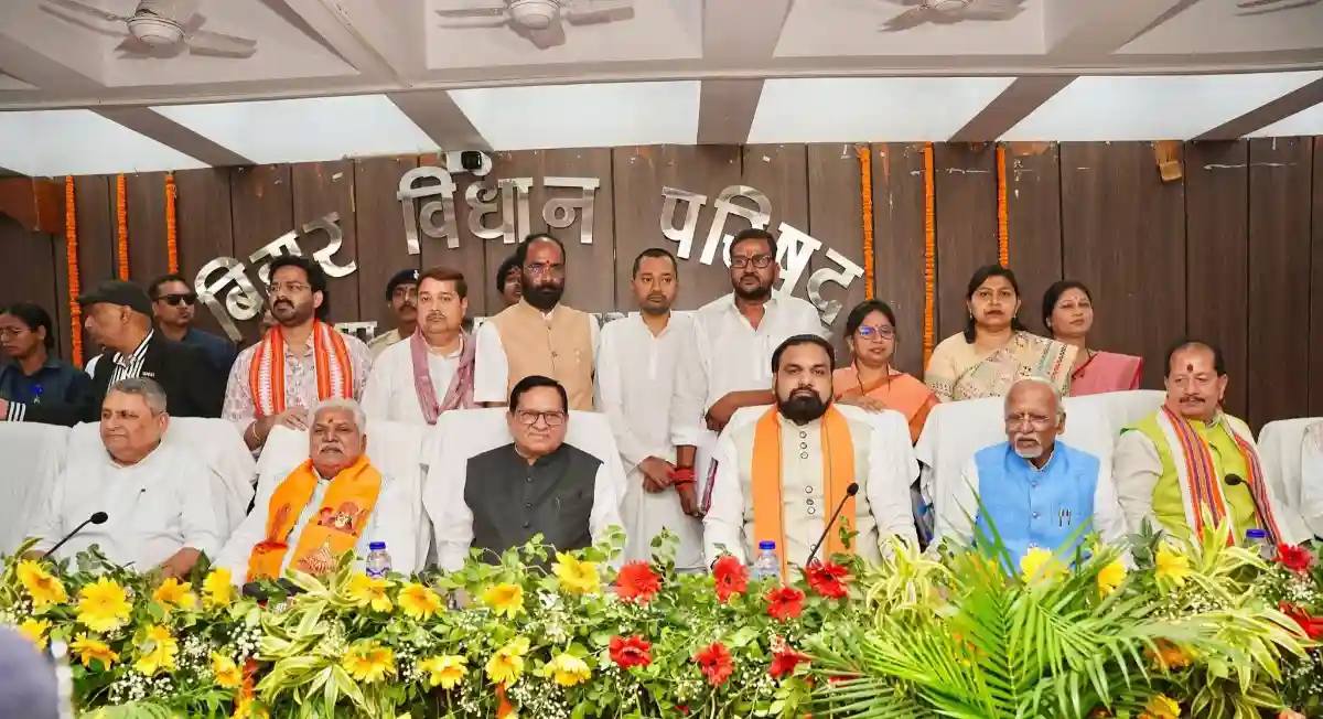 Newly elected NDA members of the Bihar Legislative Council after their oath taking ceremony in Patna on July 1, 2026.