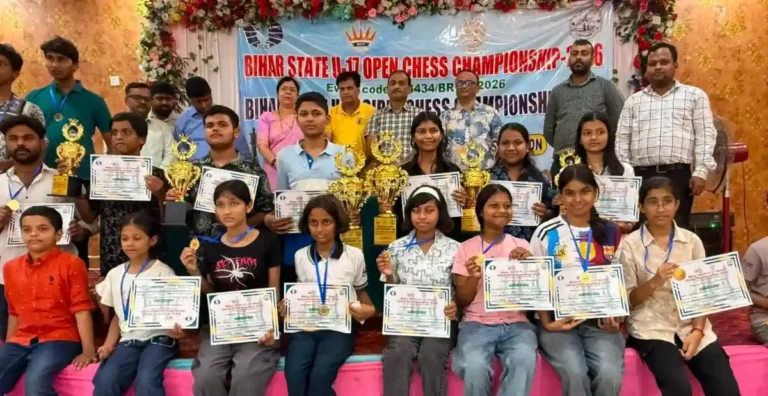 All the position holders of Bihar State Under-17 Open and Girls' FIDE Rating Chess Championship in Sitamarhi.