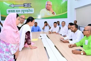 Bihar Health Minister Nishant Kumar at public grievance hearing at JD(U) office in Patna on July 1, 2026.