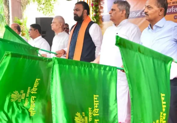 Bihar CM Samrat Choudhary Flags Off First E-Bus Under PM Scheme, Launches New Deluxe Bus Fleet in Patna on July 25, 2026.