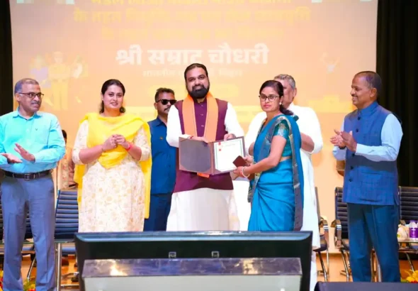 Bihar Chief Minister Samrat Choudhary gives away appointment letter to Bihar athlete in Patna on July 24, 2026.