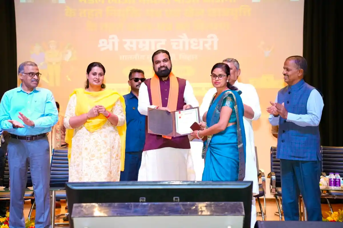 Bihar Chief Minister Samrat Choudhary gives away appointment letter to Bihar athlete in Patna on July 24, 2026.