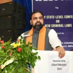 Bihar Chief Minister Samrat Choudhary addressed the two-day state-level conference on the integrated implementation of India's three new criminal laws in Bodh Gaya on July 4, 2026.
