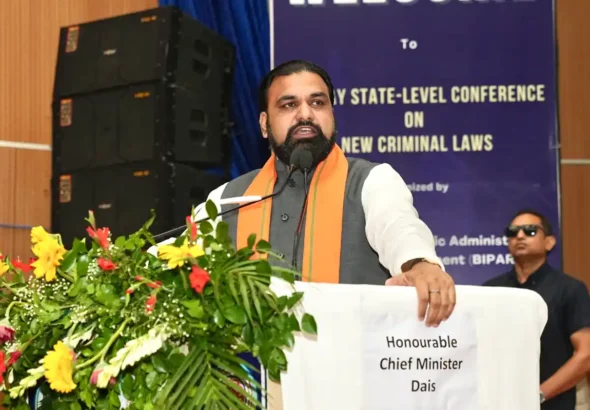 Bihar Chief Minister Samrat Choudhary addressed the two-day state-level conference on the integrated implementation of India's three new criminal laws in Bodh Gaya on July 4, 2026.