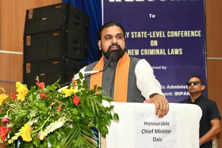 Bihar Chief Minister Samrat Choudhary addressed the two-day state-level conference on the integrated implementation of India's three new criminal laws in Bodh Gaya on July 4, 2026.
