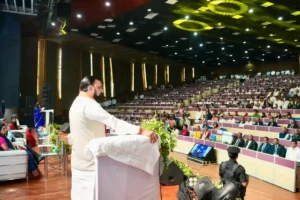 Bihar Chief Minister Samrat Choudhary addressing the 71st Bank Day function of State Bank of India in Patna on July 1, 2026.