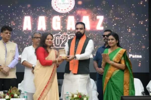 Bihar Chief Minister Samrat Choudhary honoured six gold medallists who graduated in 2026 during Aagaaz 2026 at LNMI in Patna on August 12, 2026.
