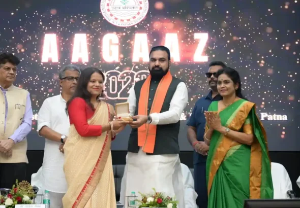 Bihar Chief Minister Samrat Choudhary honoured six gold medallists who graduated in 2026 during Aagaaz 2026 at LNMI in Patna on August 12, 2026.