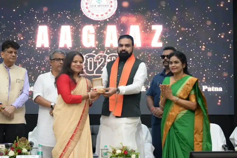 Bihar Chief Minister Samrat Choudhary honoured six gold medallists who graduated in 2026 during Aagaaz 2026 at LNMI in Patna on August 12, 2026.