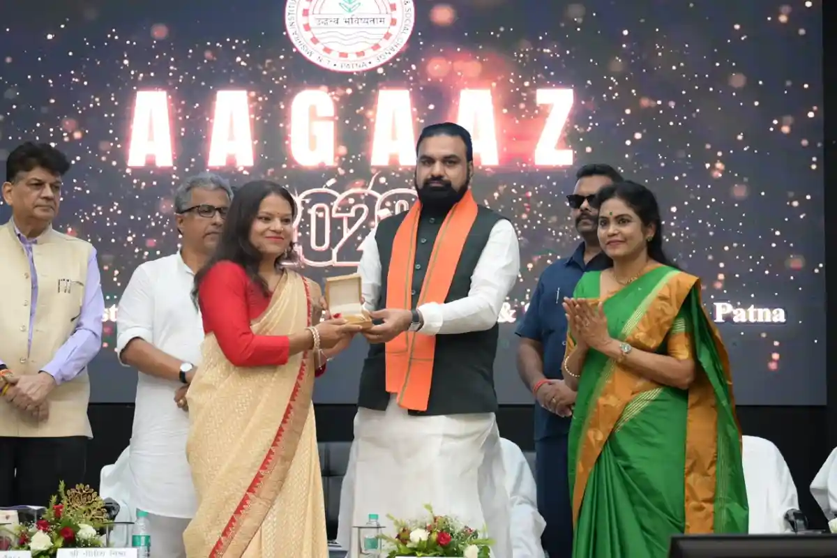 Bihar Chief Minister Samrat Choudhary honoured six gold medallists who graduated in 2026 during Aagaaz 2026 at LNMI in Patna on August 12, 2026.