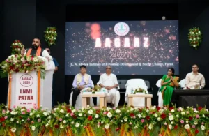 Bihar Chief Minister Samrat Choudhary addressing the students at Aagaaz 2026 in LNMI in Patna on August 12, 2026.
